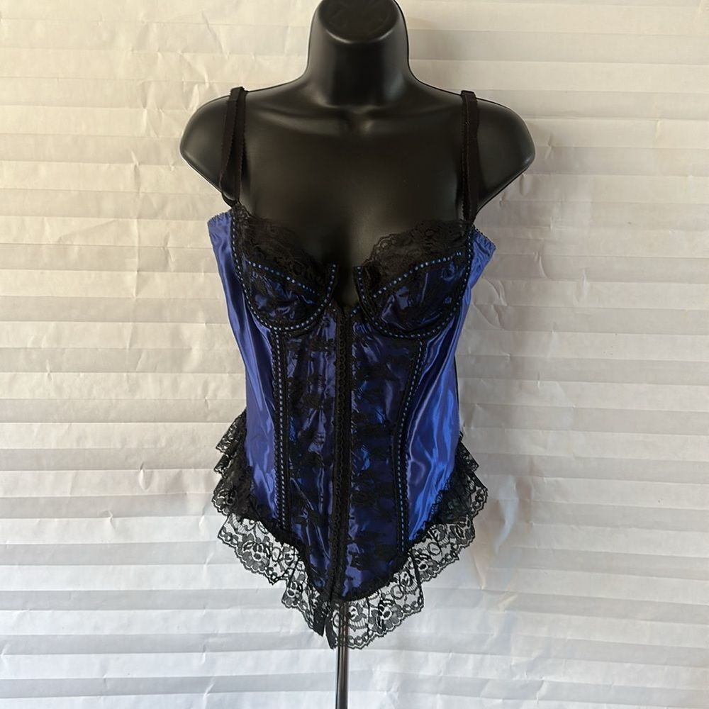DBF Corset Bustier Size 34 Black/Royal Blue Front Hook & Eye Gothic Lingerie